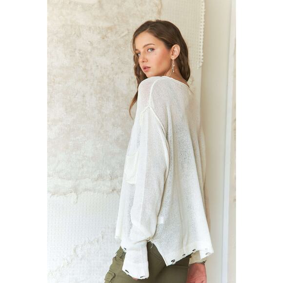 ADORA Vintage Edge Drop Shoulder Lightweight Loose Pullover Sweater | Off White - Picture 3 of 5